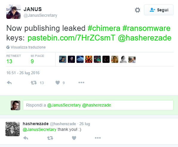 La comunicazione su Twitter ha permesso ai ricercatori antivirus di mettere le mani sulle chiavi crittografiche di Chimera senza colpo ferire.